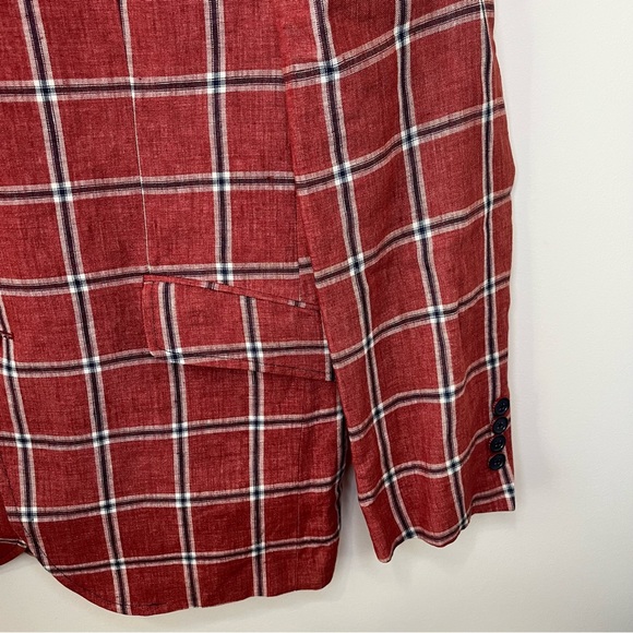 Ted Baker Endurance Linen Windowpane Check Plaid Linen Blazer Red Size 40R - Picture 10 of 13